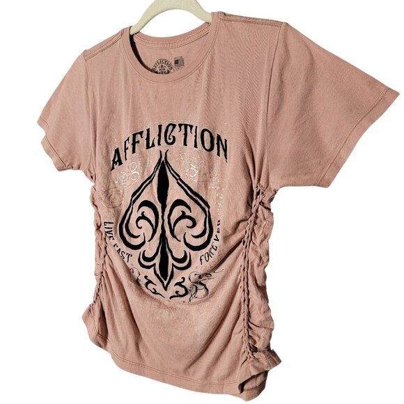 Affliction Womens Alchemy Foiled Velvet Graphic Spellout Braided Sides Shirt Med - Picture 2 of 11
